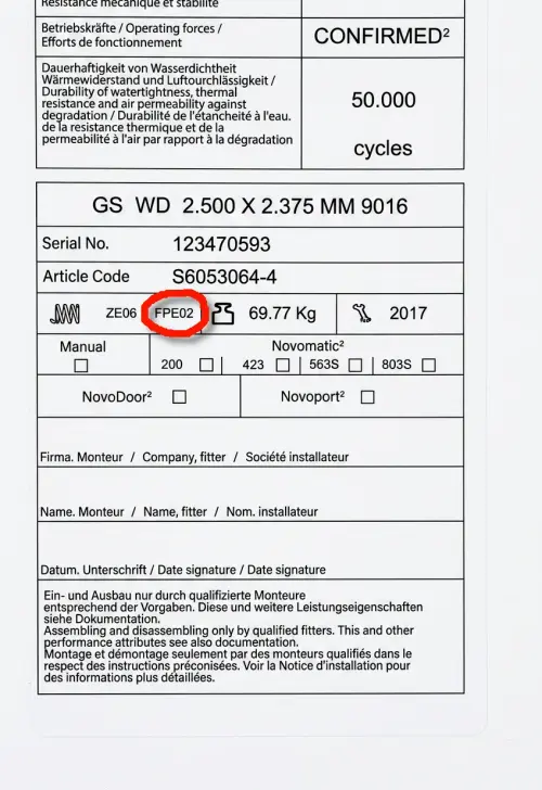 Typeplaatje van de Novoferm verticale trekveer